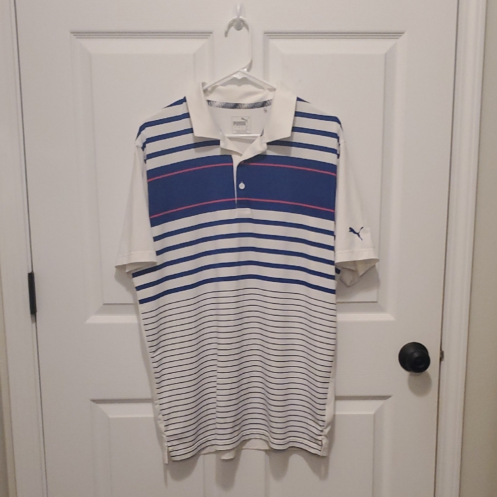 Puma White, Blue & Pink Striped Polo Shirt